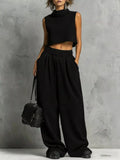 Sleeveless Mock Neck Crop Top and Wide-Leg Sweatpants Set Black / S