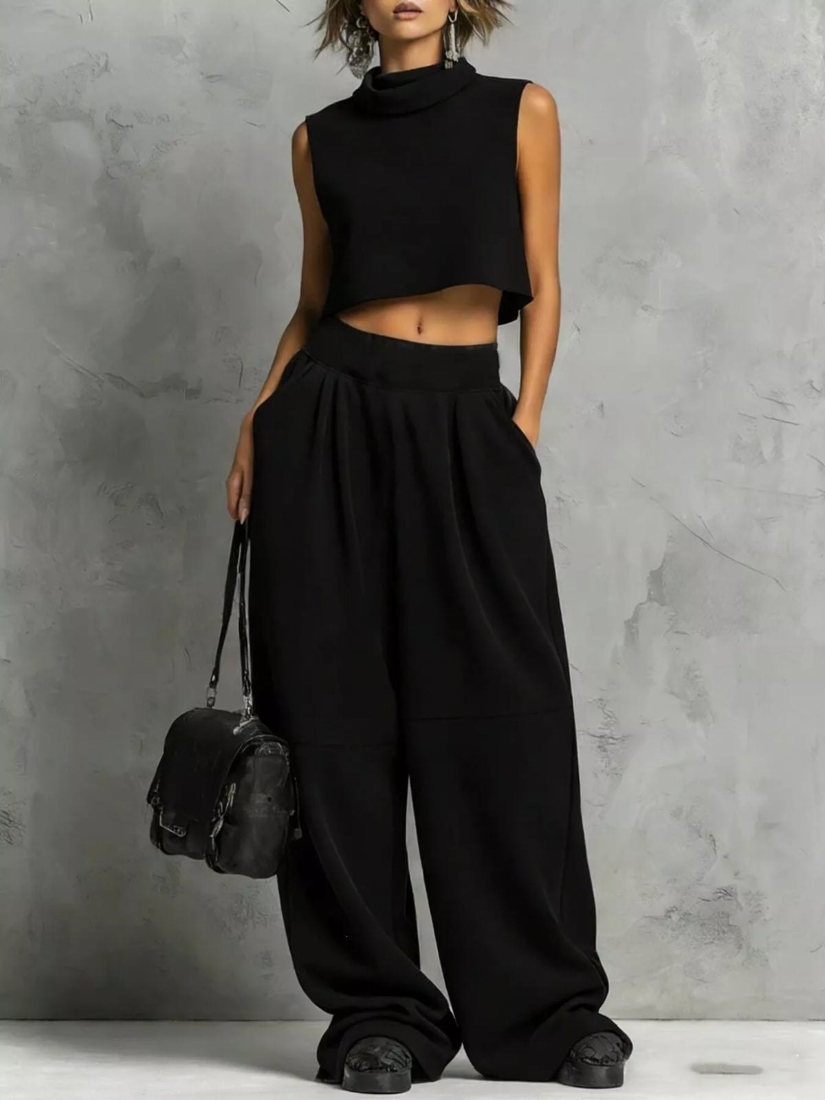 Sleeveless Mock Neck Crop Top and Wide-Leg Sweatpants Set Black / S