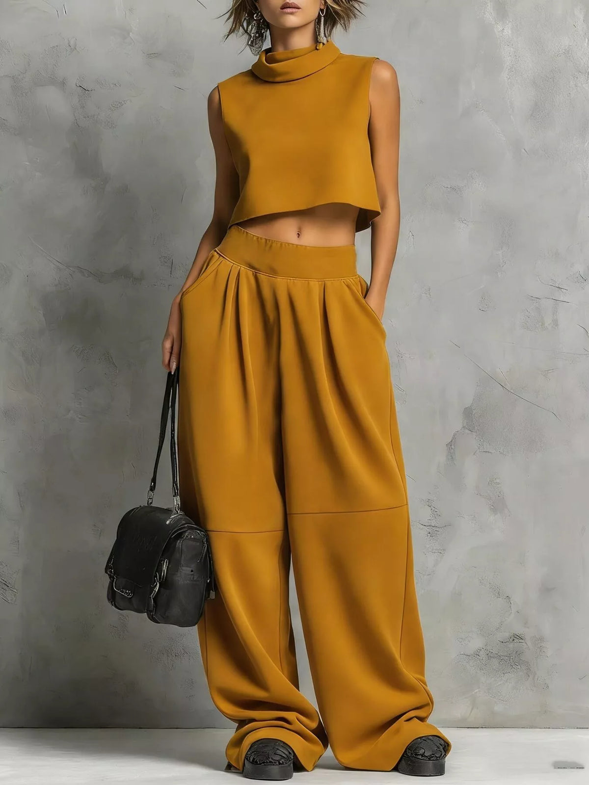 Sleeveless Mock Neck Crop Top and Wide-Leg Sweatpants Set Earthy Yellow / S
