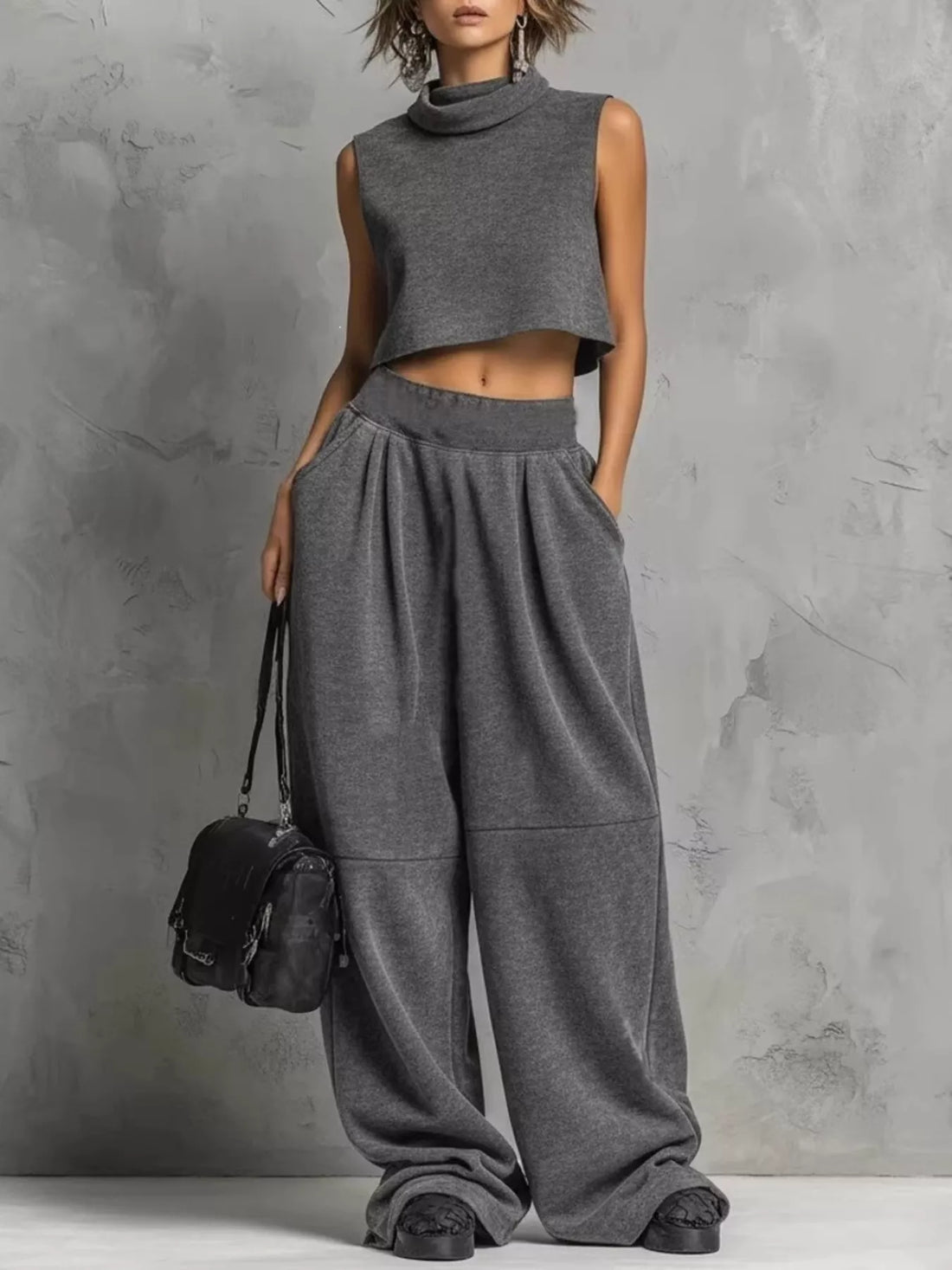 Sleeveless Mock Neck Crop Top and Wide-Leg Sweatpants Set Gray / S