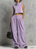 Sleeveless Mock Neck Crop Top and Wide-Leg Sweatpants Set Light Purple / S