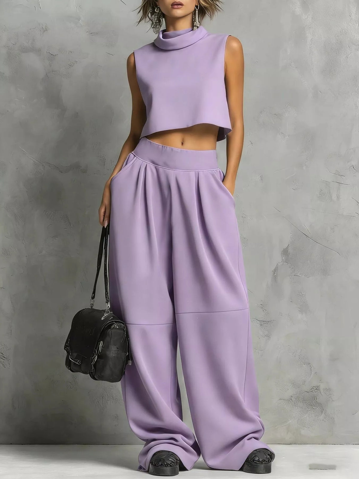 Sleeveless Mock Neck Crop Top and Wide-Leg Sweatpants Set Light Purple / S