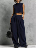 Sleeveless Mock Neck Crop Top and Wide-Leg Sweatpants Set Navy Blue / S