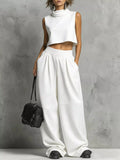 Sleeveless Mock Neck Crop Top and Wide-Leg Sweatpants Set White / S