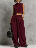 Sleeveless Mock Neck Crop Top and Wide-Leg Sweatpants Set Wine Red / S