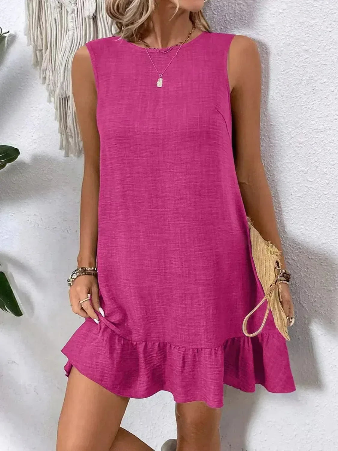 Sleeveless Ruffle Hem Dress Hot Pink / XS