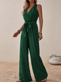 Sleeveless Tie Waist Wide Leg Jumpsuit Dark Green / S