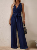 Sleeveless Tie Waist Wide Leg Jumpsuit Navy Blue / S