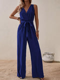 Sleeveless Tie Waist Wide Leg Jumpsuit Royal Blue / S
