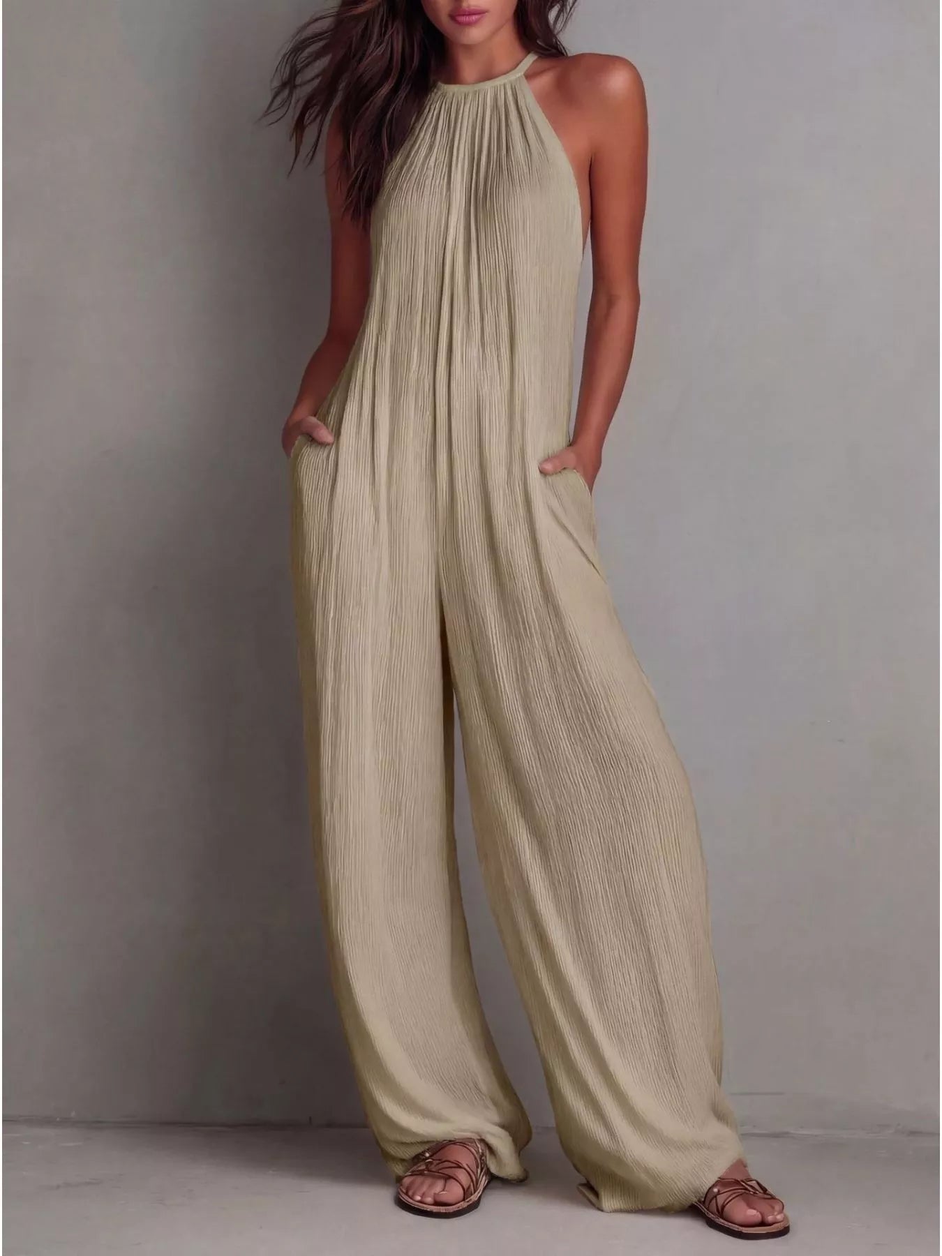 Sleeveless Wide Leg Jumpsuit Khaki / S