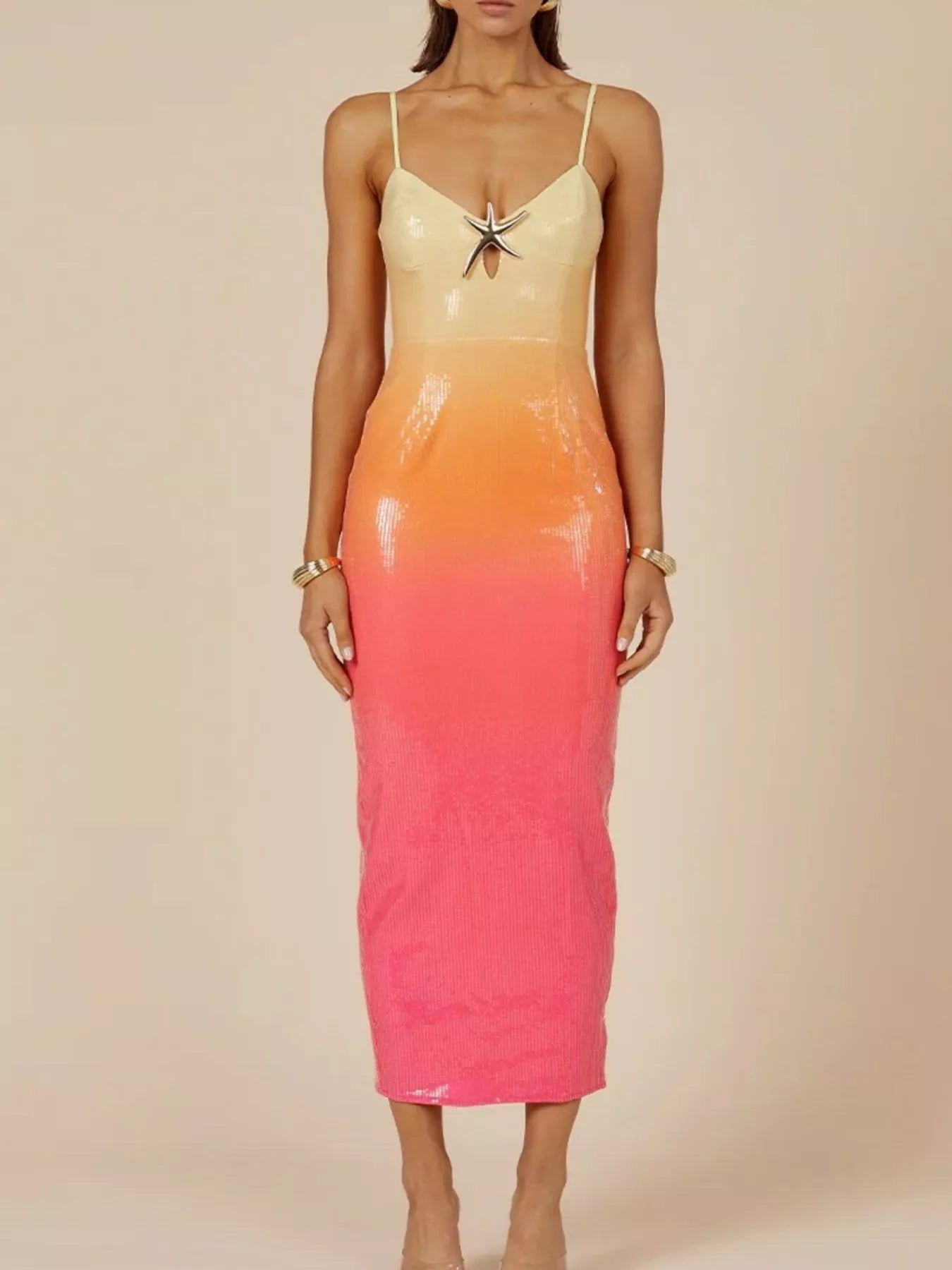 Slit Back Gradient Cami Dress Apricot Rose Red Gradient / S