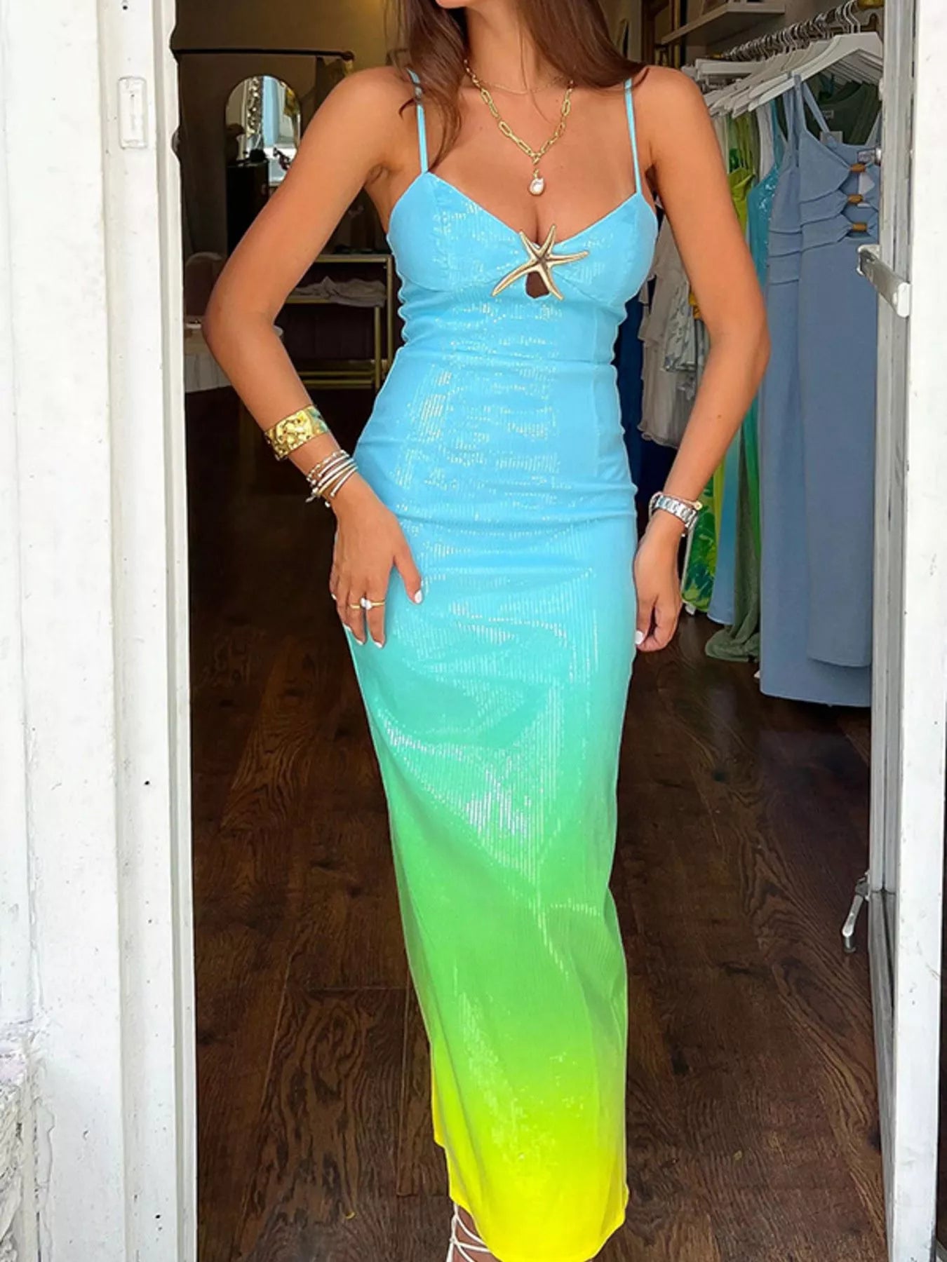 Slit Back Gradient Cami Dress Green And Yellow Gradient / S
