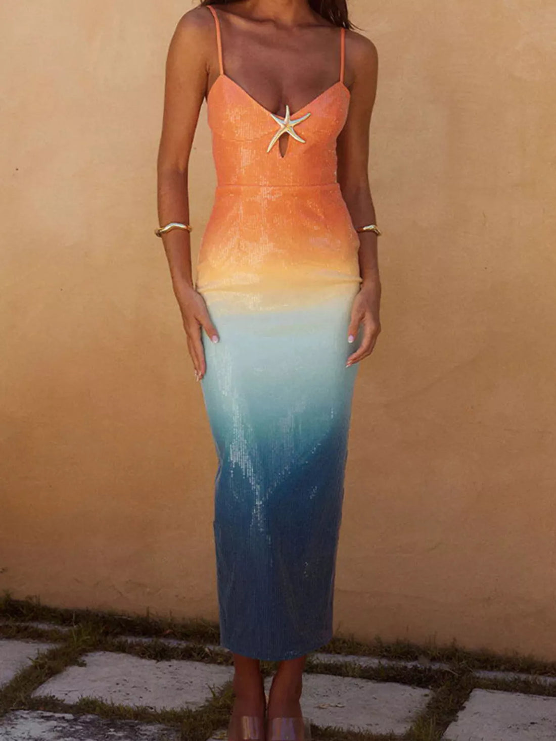 Slit Back Gradient Cami Dress Orange And Blue Gradient / S