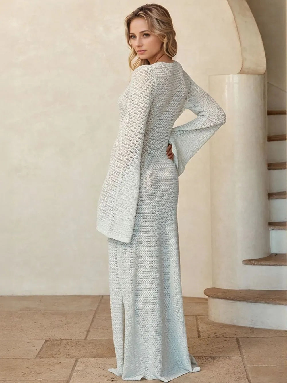 Slit Plunge Flare Sleeve Cover-Up Dress White / S