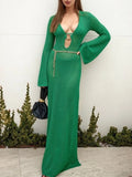 Slit Plunge Flare Sleeve Cover-Up Dress Dark Green / S