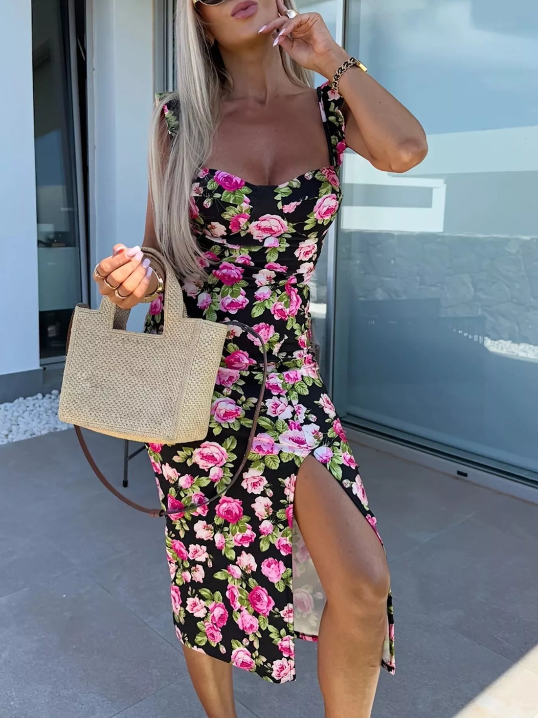 Slit Sweetheart Neck Midi Dress Black / XS