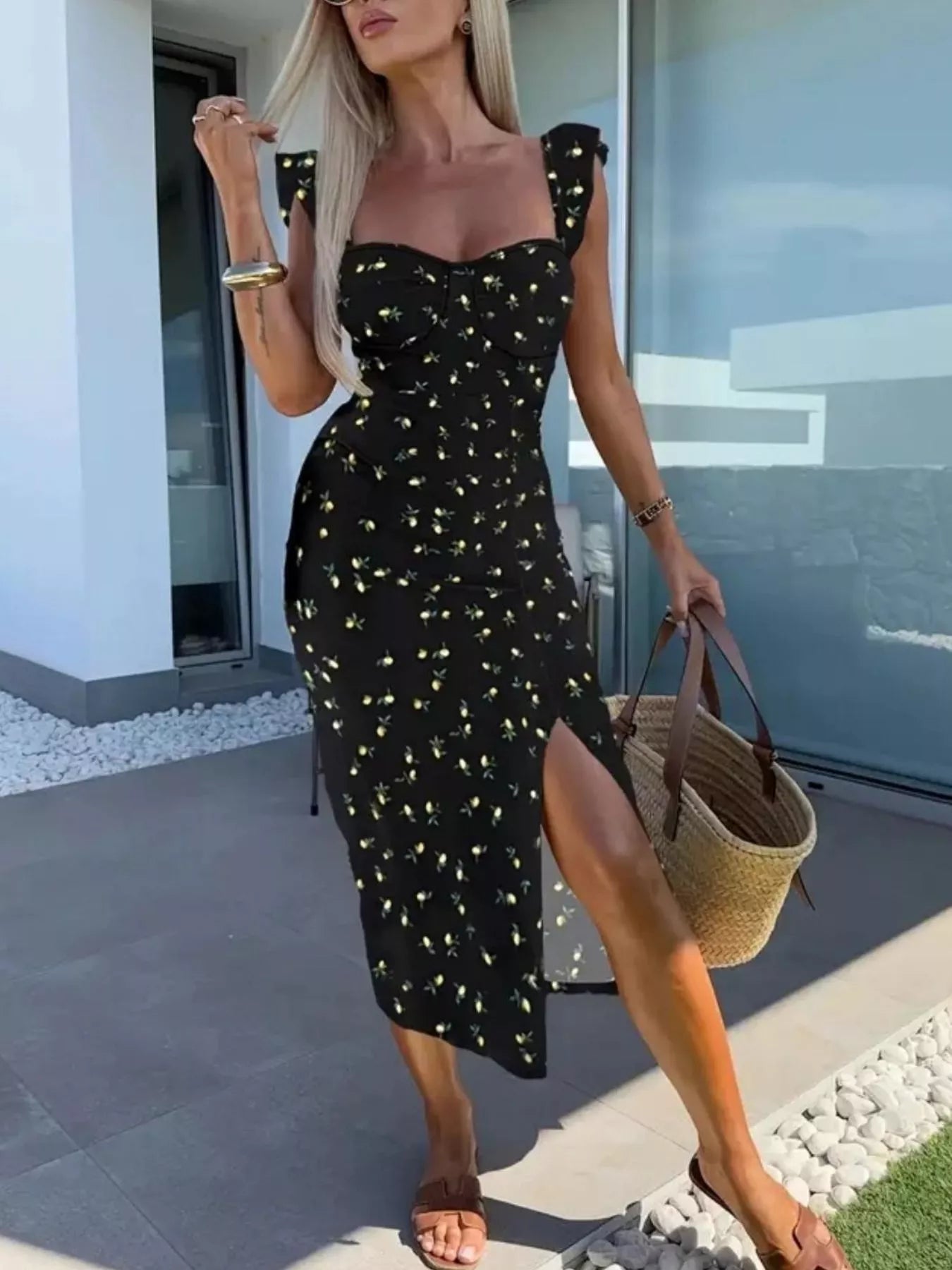 Slit Sweetheart Neck Midi Dress Floral / XS