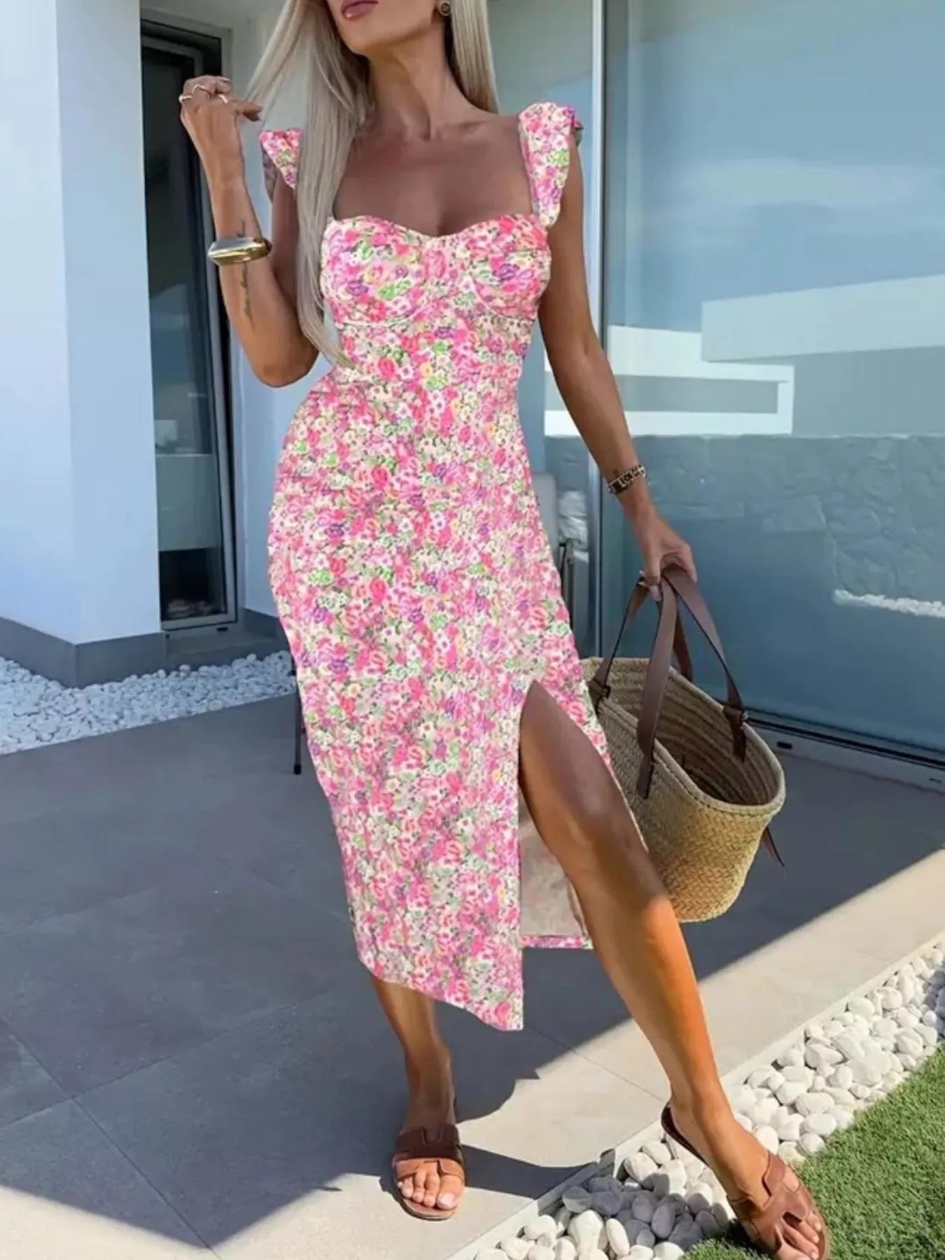 Slit Sweetheart Neck Midi Dress Pink Floral Print / XS