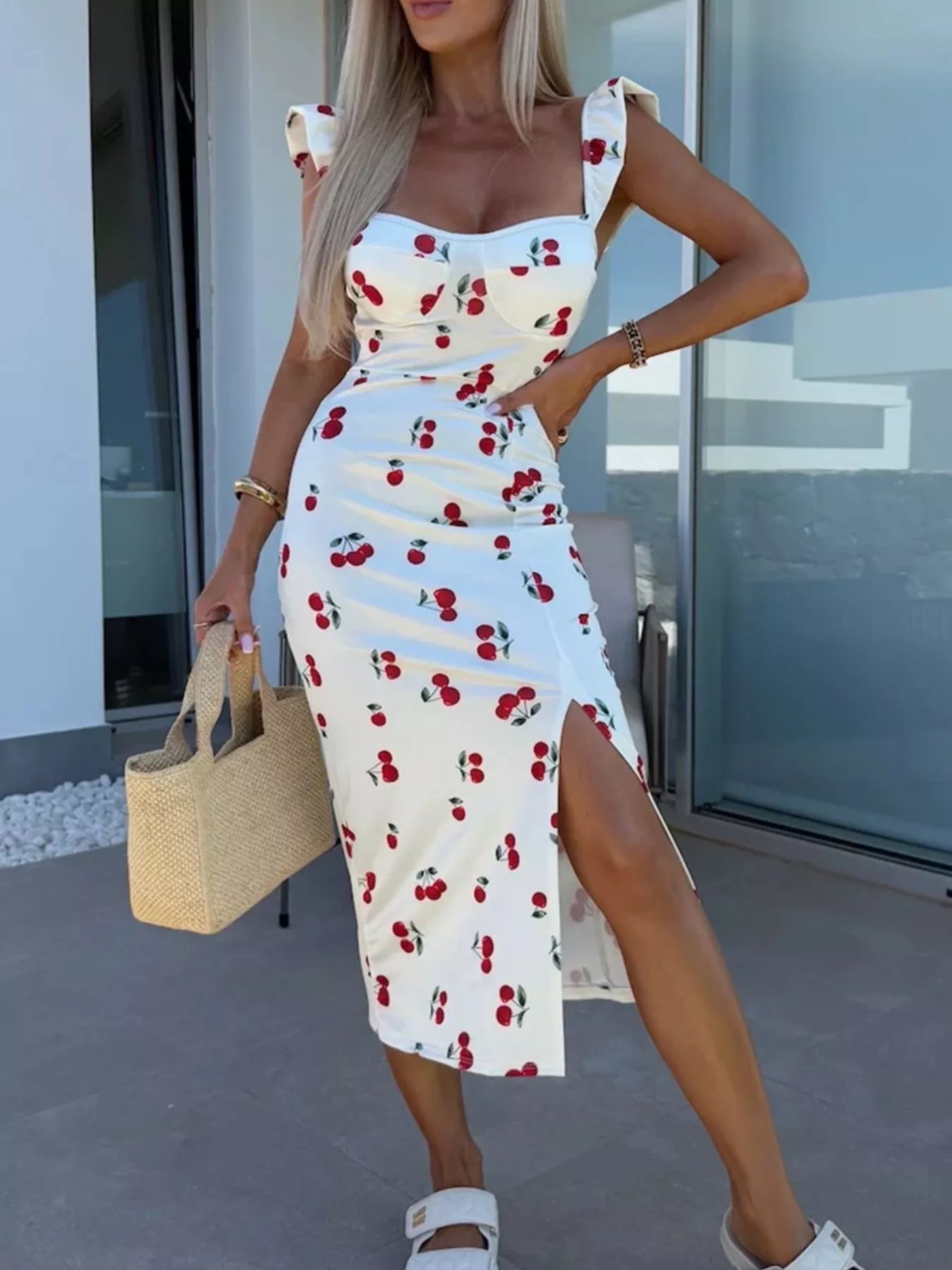Slit Sweetheart Neck Midi Dress White / XS