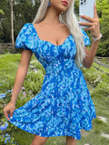 Perfee Smocked Print Tie-Detail Short Sleeve Dress