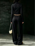 Solid Color Long Sleeve Polo Collar Top and Wide Leg Pants Set