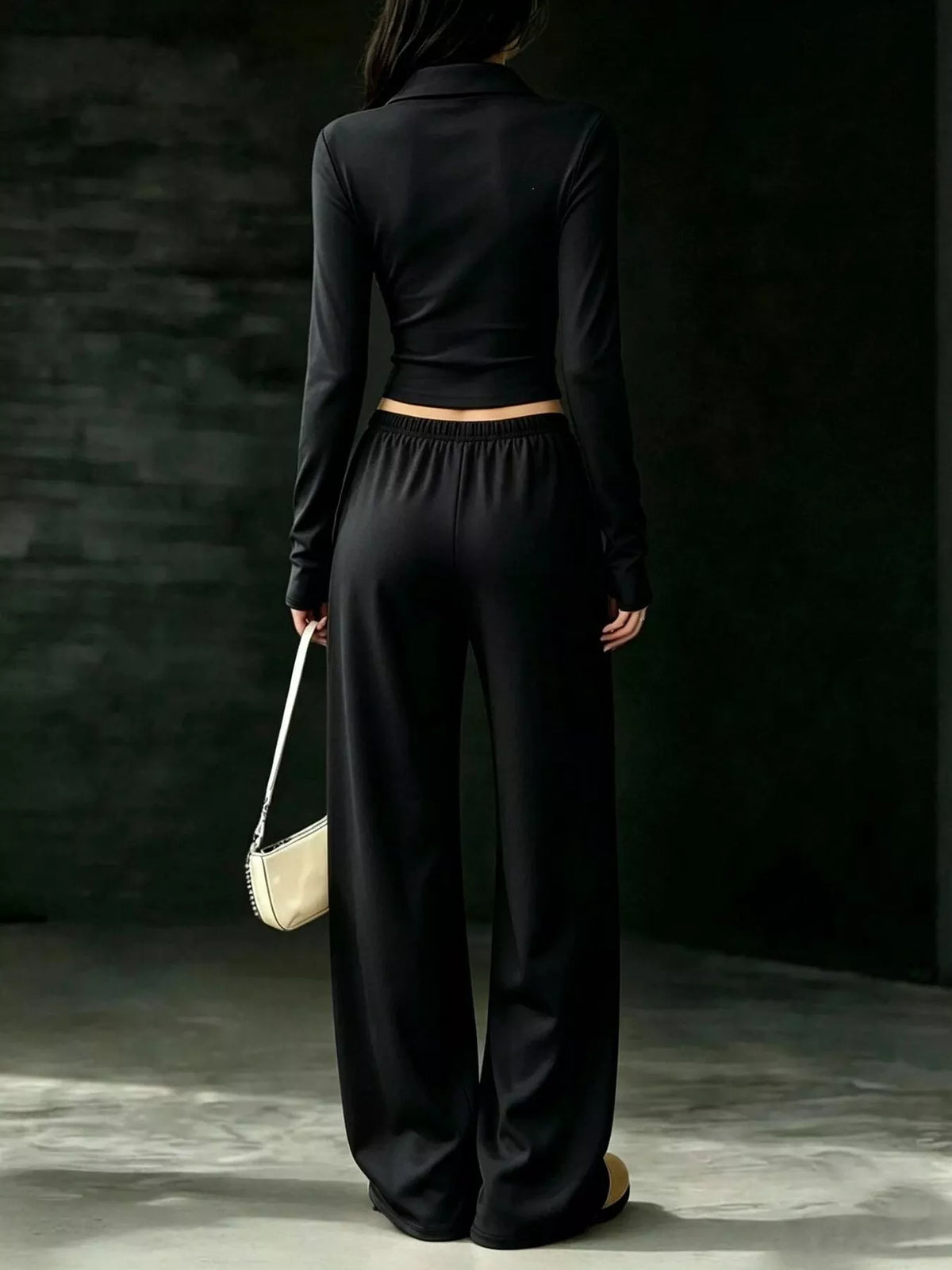 Solid Color Long Sleeve Polo Collar Top and Wide Leg Pants Set