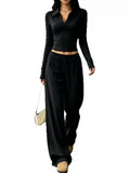 Solid Color Long Sleeve Polo Collar Top and Wide Leg Pants Set