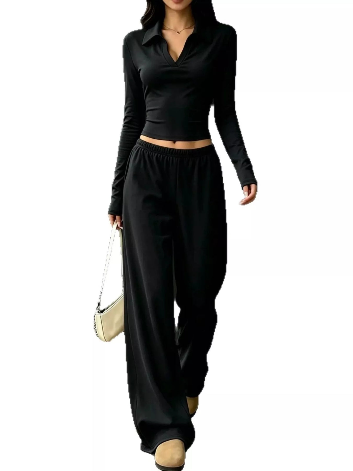 Solid Color Long Sleeve Polo Collar Top and Wide Leg Pants Set