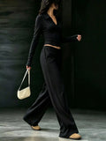 Solid Color Long Sleeve Polo Collar Top and Wide Leg Pants Set