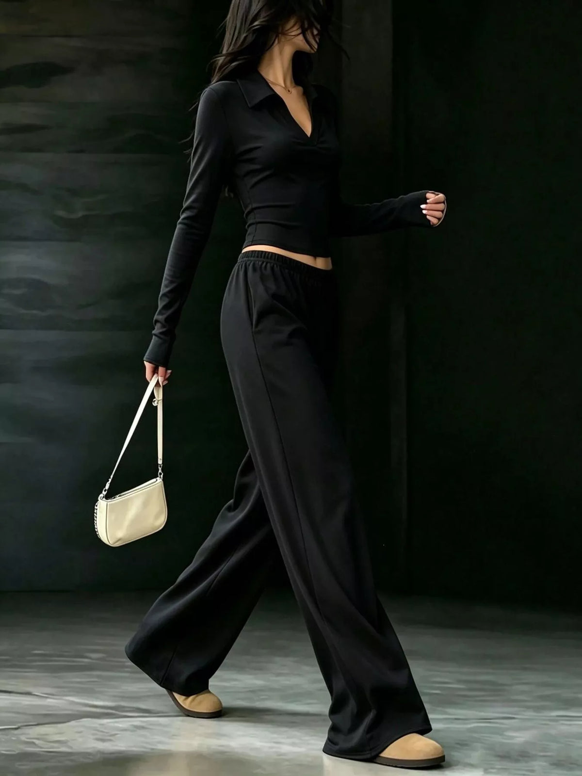 Solid Color Long Sleeve Polo Collar Top and Wide Leg Pants Set