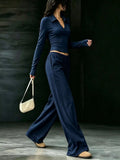 Solid Color Long Sleeve Polo Collar Top and Wide Leg Pants Set