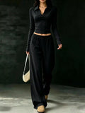 Solid Color Long Sleeve Polo Collar Top and Wide Leg Pants Set