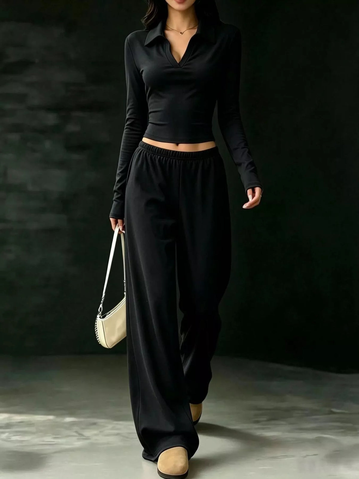 Solid Color Long Sleeve Polo Collar Top and Wide Leg Pants Set