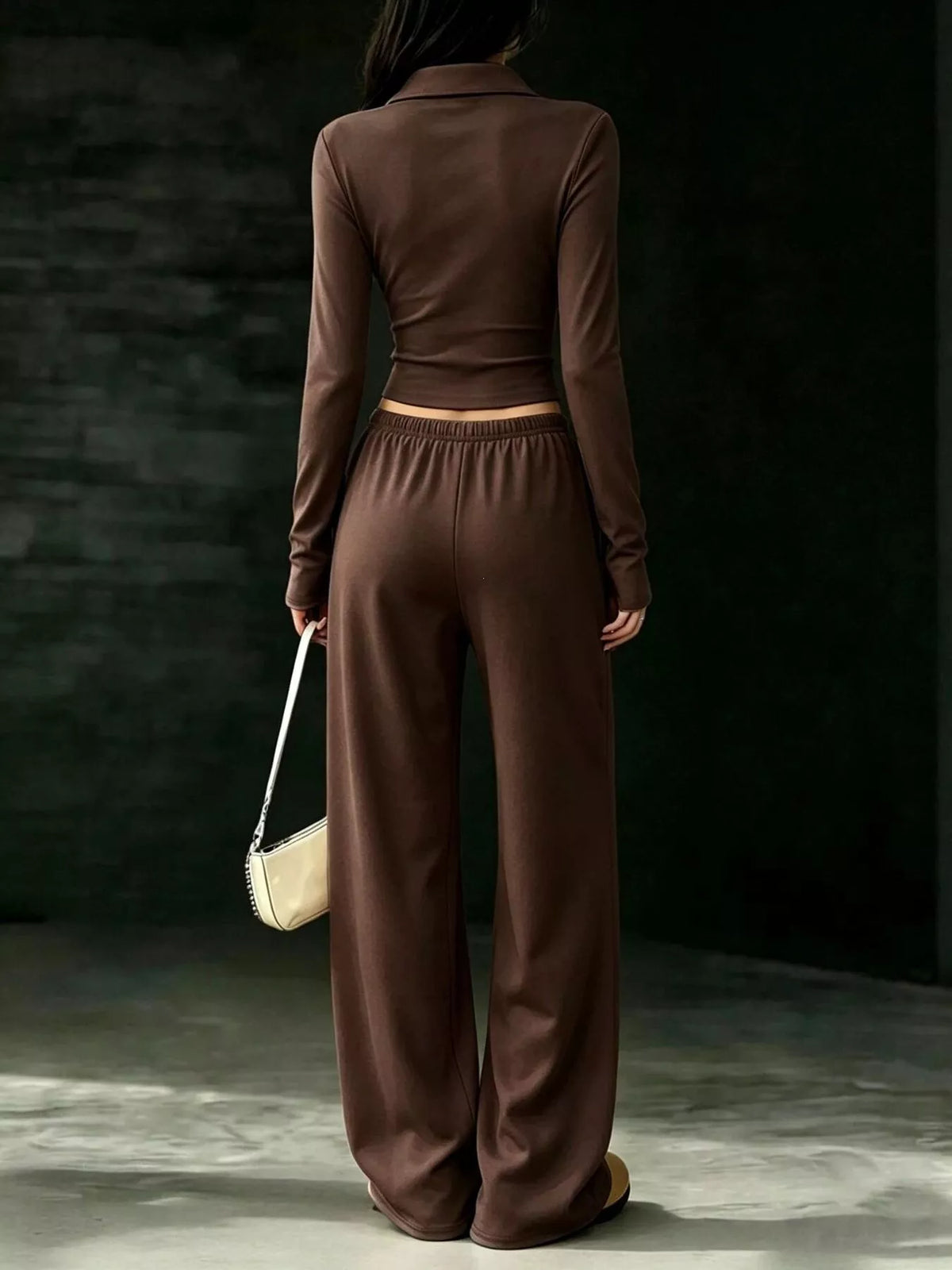 Solid Color Long Sleeve Polo Collar Top and Wide Leg Pants Set