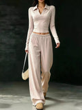 Solid Color Long Sleeve Polo Collar Top and Wide Leg Pants Set