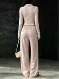 Solid Color Long Sleeve Polo Collar Top and Wide Leg Pants Set