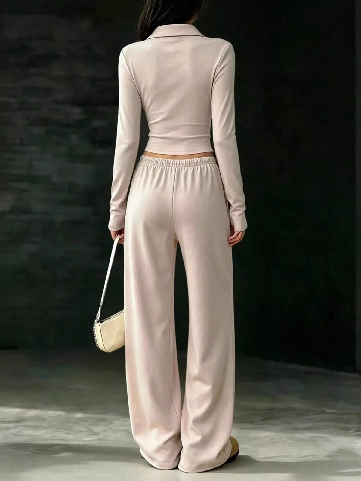 Solid Color Long Sleeve Polo Collar Top and Wide Leg Pants Set