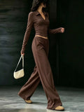 Solid Color Long Sleeve Polo Collar Top and Wide Leg Pants Set