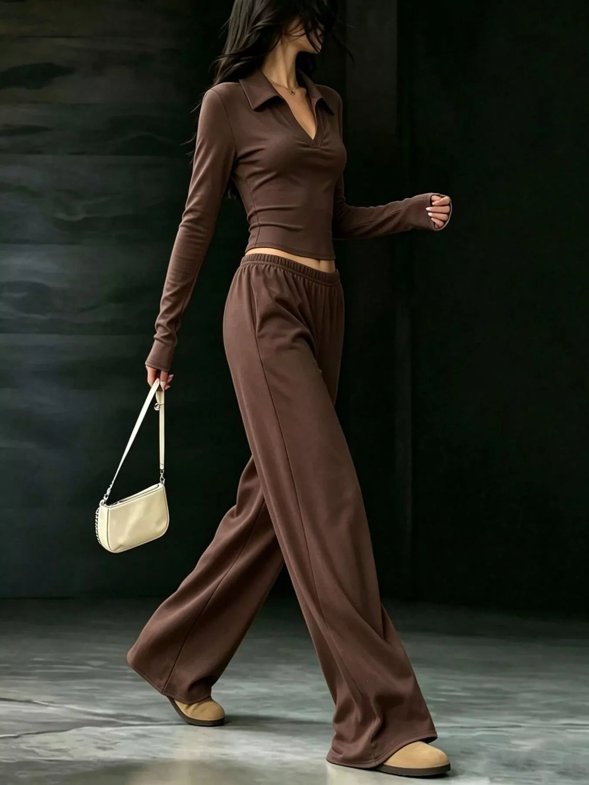 Solid Color Long Sleeve Polo Collar Top and Wide Leg Pants Set