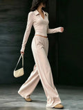 Solid Color Long Sleeve Polo Collar Top and Wide Leg Pants Set