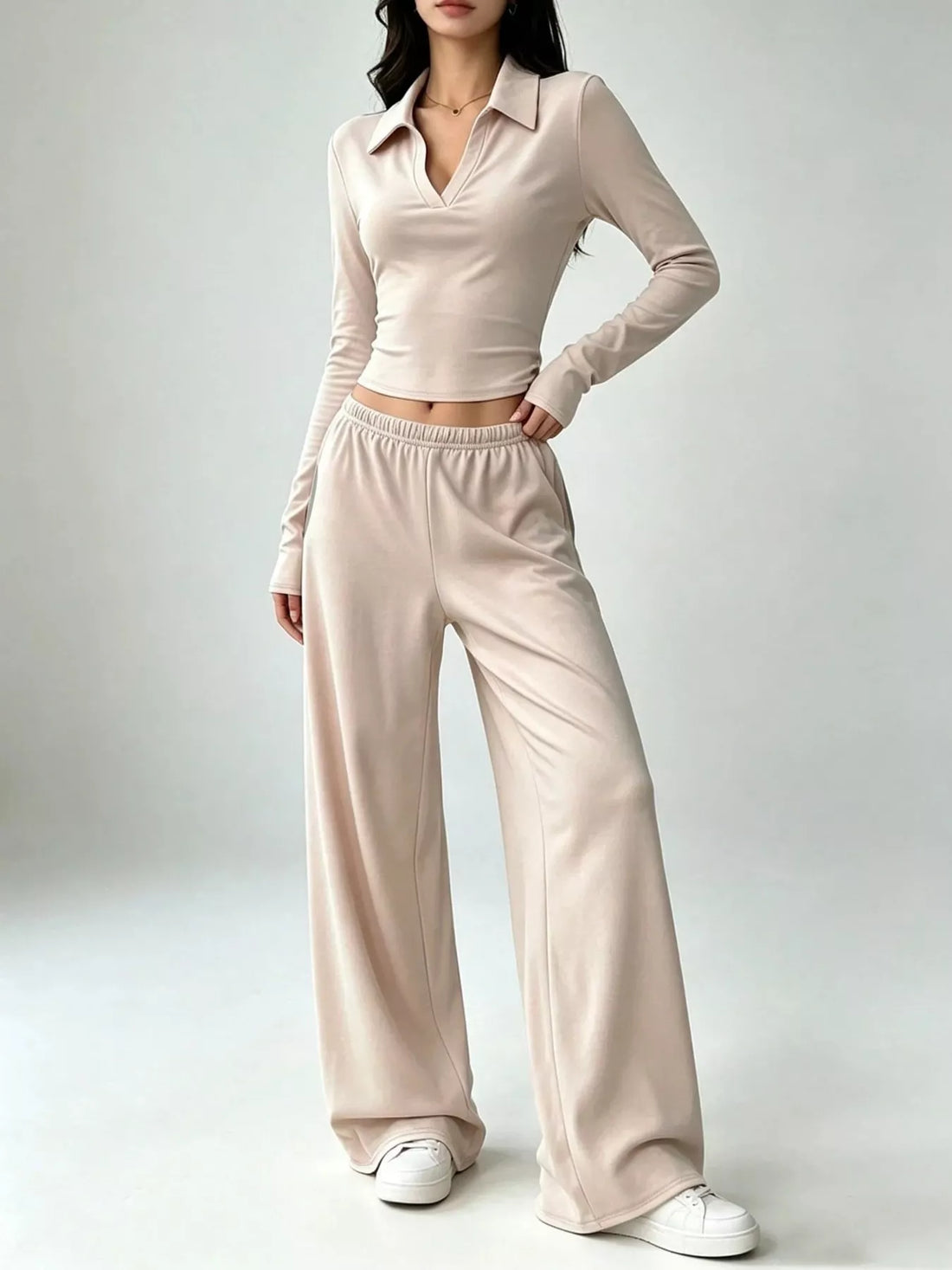 Solid Color Long Sleeve Polo Collar Top and Wide Leg Pants Set Apricot / XS
