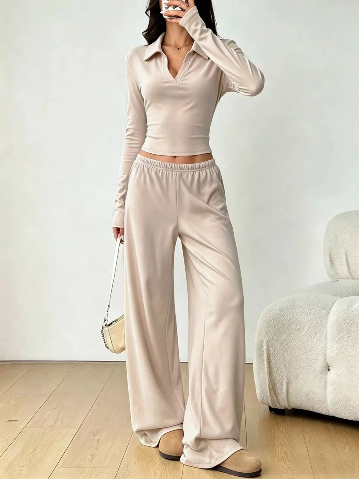Solid Color Long Sleeve Polo Collar Top and Wide Leg Pants Set Apricot / XS