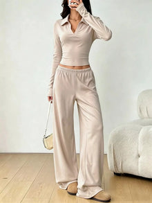 Polo Collar Top & Wide-Leg Pants Set