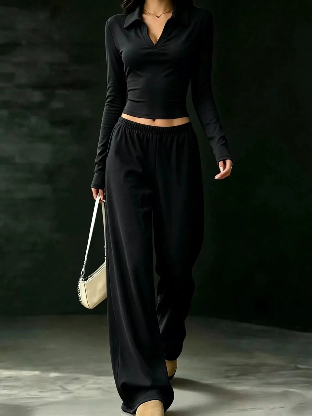 Solid Color Long Sleeve Polo Collar Top and Wide Leg Pants Set Black / XS