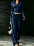 Solid Color Long Sleeve Polo Collar Top and Wide Leg Pants Set Dark Blue / XS
