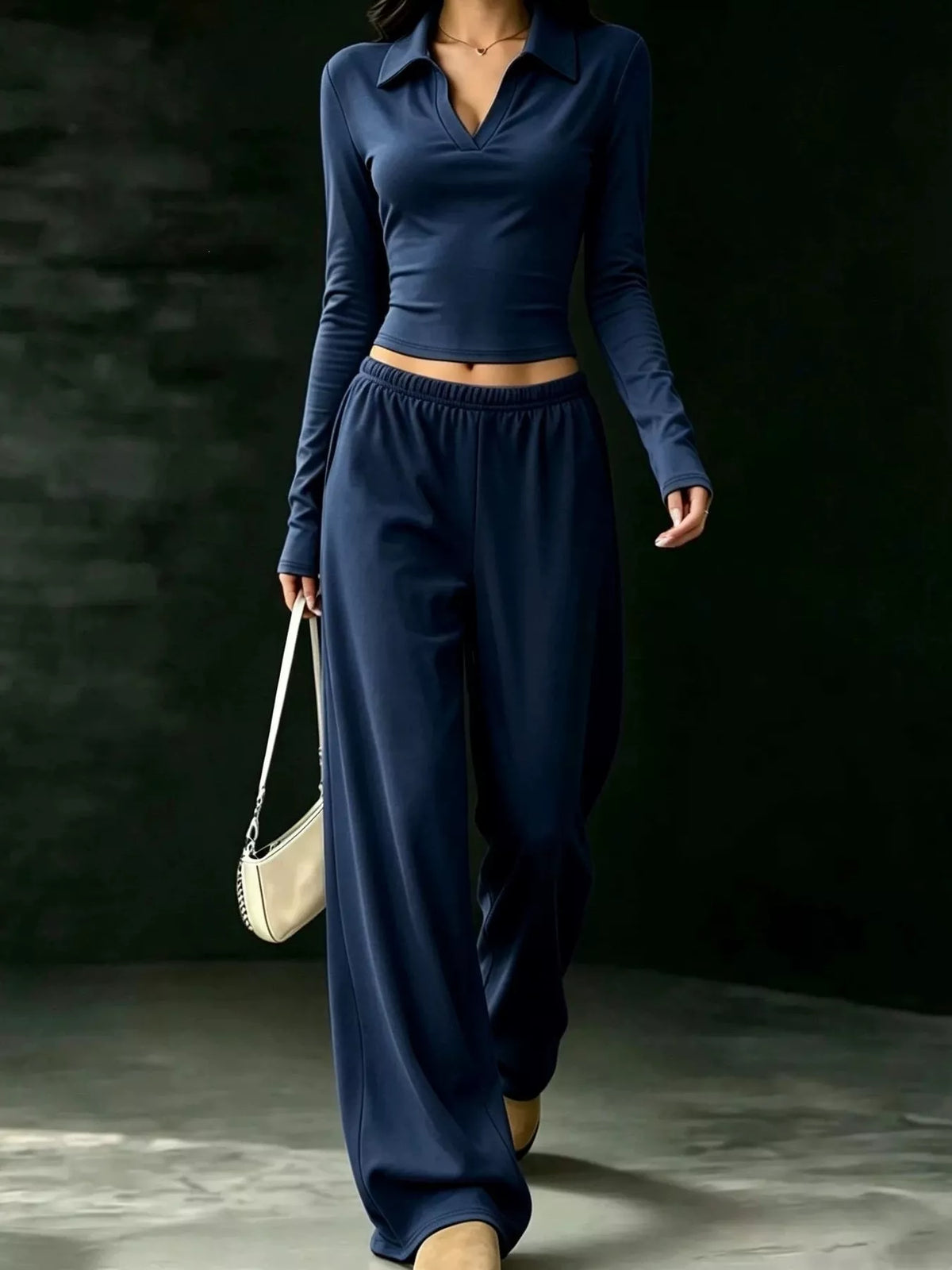 Solid Color Long Sleeve Polo Collar Top and Wide Leg Pants Set Dark Blue / XS