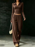 Solid Color Long Sleeve Polo Collar Top and Wide Leg Pants Set Dark Brown / XS