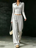 Solid Color Long Sleeve Polo Collar Top and Wide Leg Pants Set Light Gray / XS