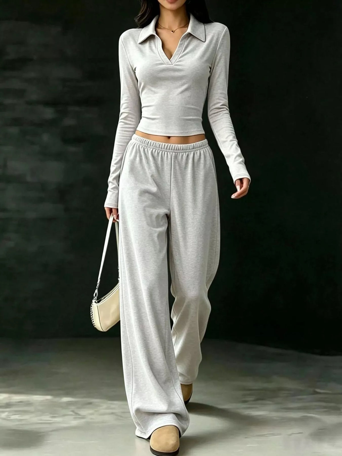 Solid Color Long Sleeve Polo Collar Top and Wide Leg Pants Set Light Gray / XS