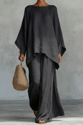 Solid Color Long Sleeve Top and Wide Leg Pants Set